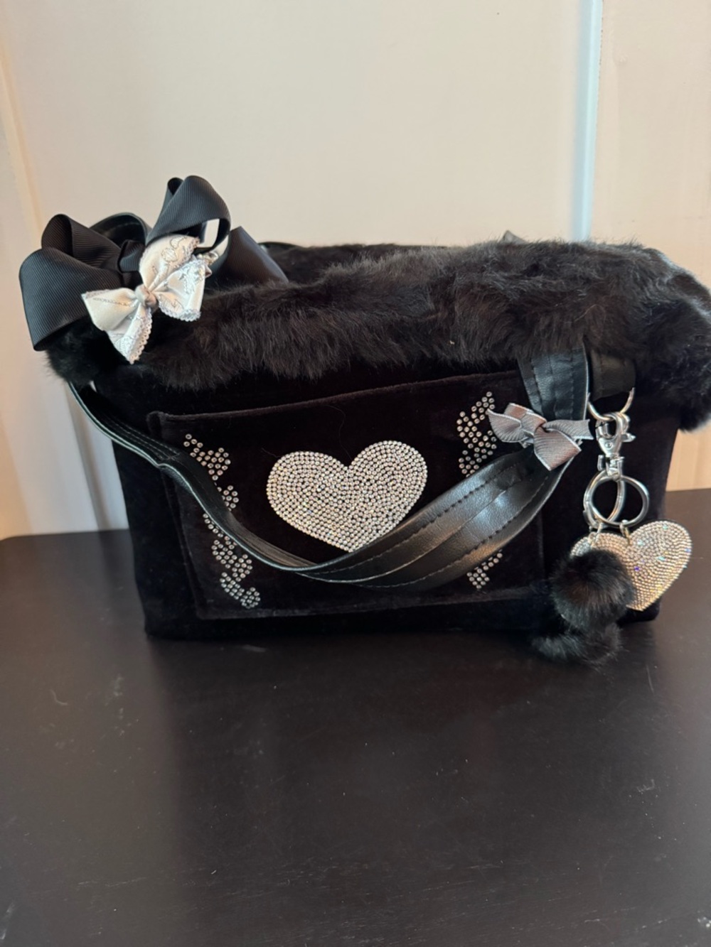 Custom Handmade Black Small Pet Carrier w/Rhinestones - Picture 2 of 16